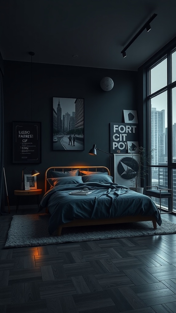 A contemporary urban bedroom featuring dark walls, a cozy bed, and modern decor.
