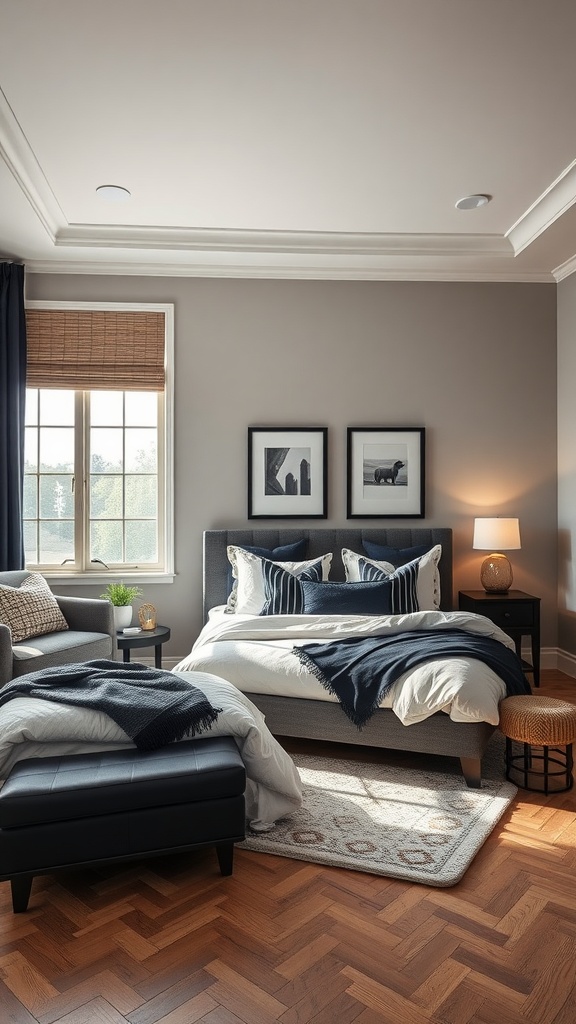 A modern farmhouse bedroom featuring dark blue accents in bedding and furniture against light walls.
