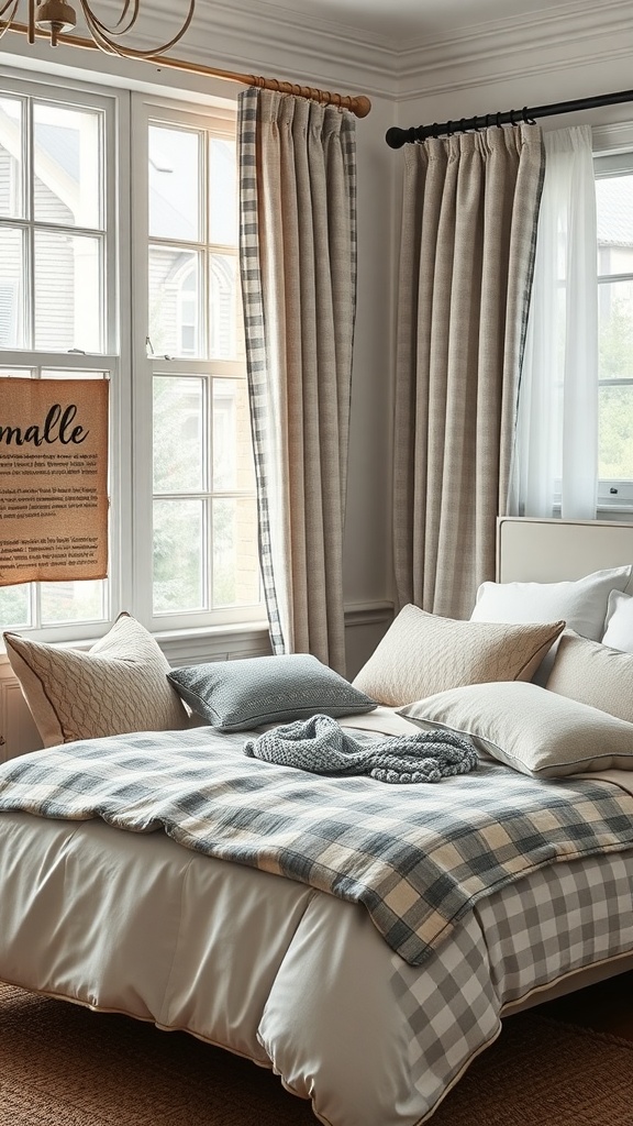 A cozy bedroom featuring a plaid blanket, textured pillows, and striped curtains.