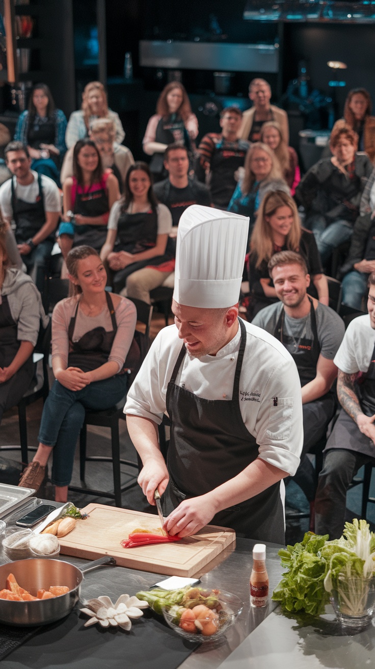 A professional chef teaching a cooking class, with participants engaged and watching attentively.