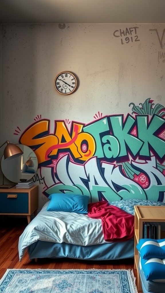 A boy's bedroom featuring vibrant graffiti art on the wall, a cozy bed with colorful pillows, and modern decor elements.