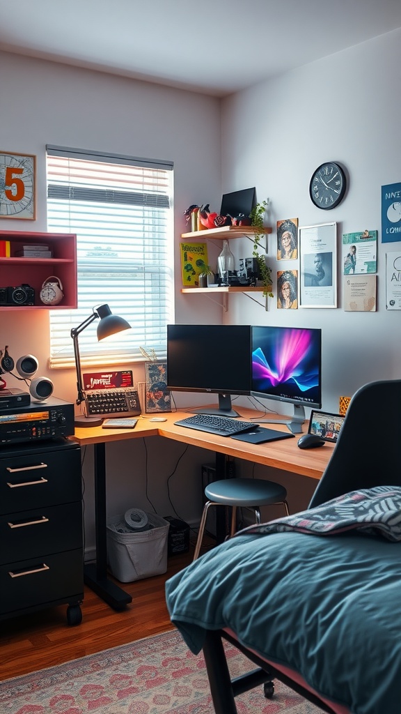 A modern teen bedroom workspace featuring dual monitors, a vintage typewriter, and decorative shelves.