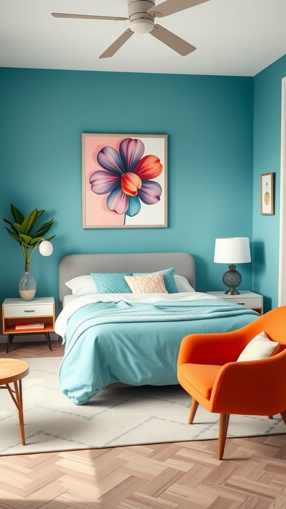 A turquoise bedroom with a flower painting, aqua bedding, an orange chair, and a leafy plant.