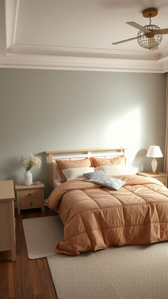 A cozy farmhouse bedroom with a peach comforter, muted green walls, and wooden furniture