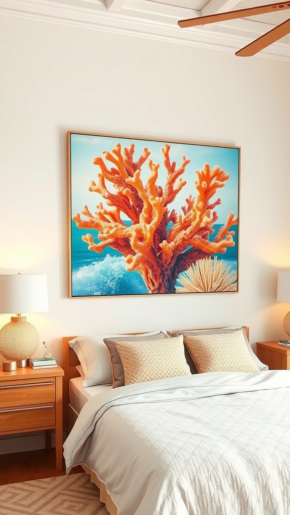 Coral-inspired wall art in a blue-themed bedroom