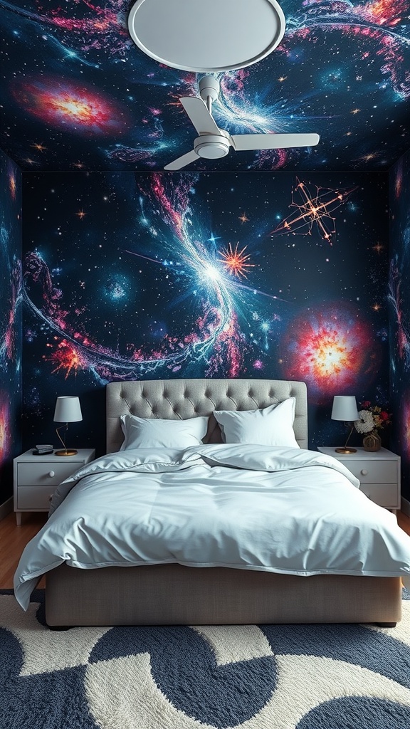 A cozy bedroom with cosmic-themed wallpaper, showcasing a galaxy design with bright colors and a modern bed setup.