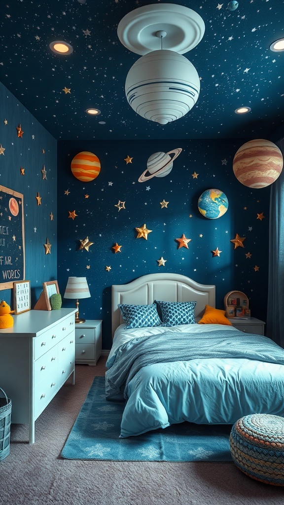 A cozy girls' bedroom with a cosmic theme featuring blue walls, planets, stars, and space-inspired decor.