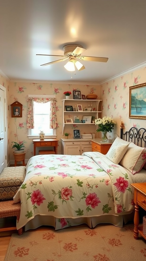 Cozy farmhouse basement bedroom with floral bedding and cottage-inspired decor