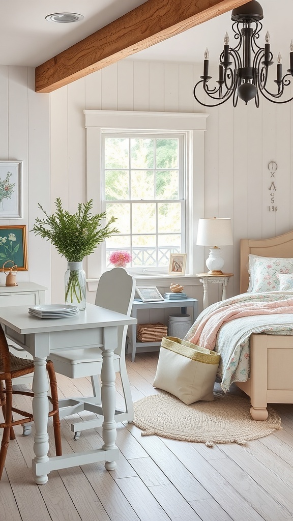 A cozy bedroom featuring cottage-style accents with a pastel quilt, a simple desk, and natural elements.
