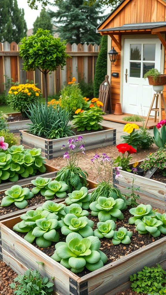 A cozy garden scene featuring raised wooden garden beds filled with green plants, colorful flowers, and a charming cottage in the background.