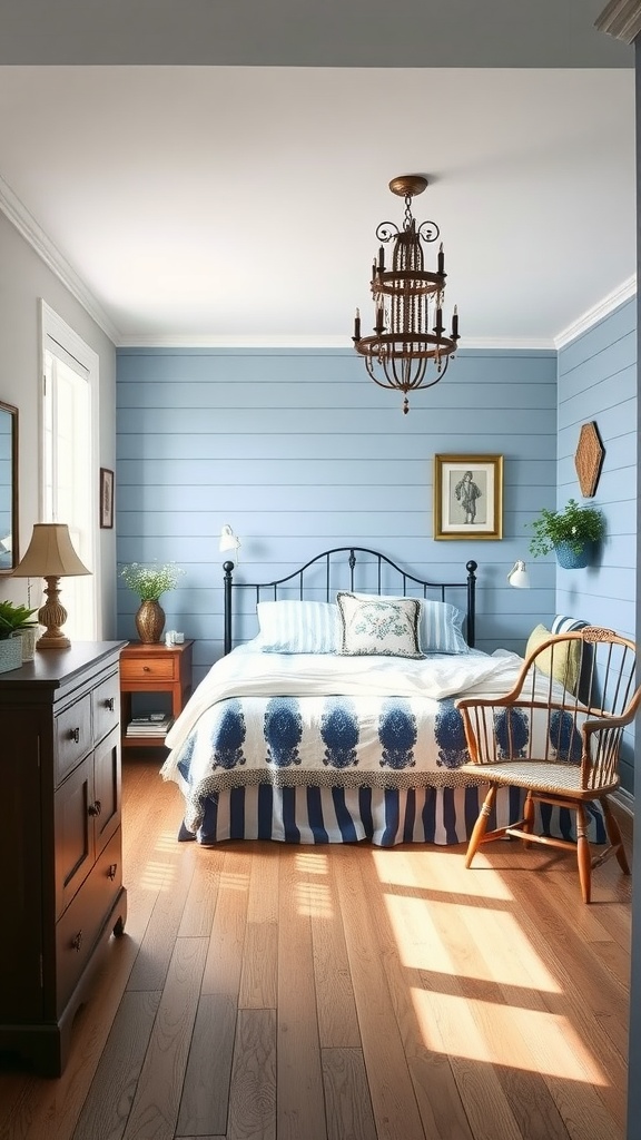 Bedroom with cottage blue shiplap walls, a black bed frame, and wooden furniture.