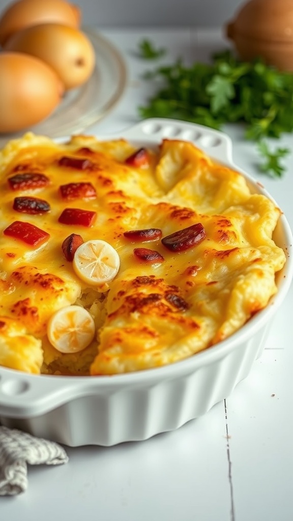 A delicious cottage pie topped with creamy mashed potatoes, with a golden crust.