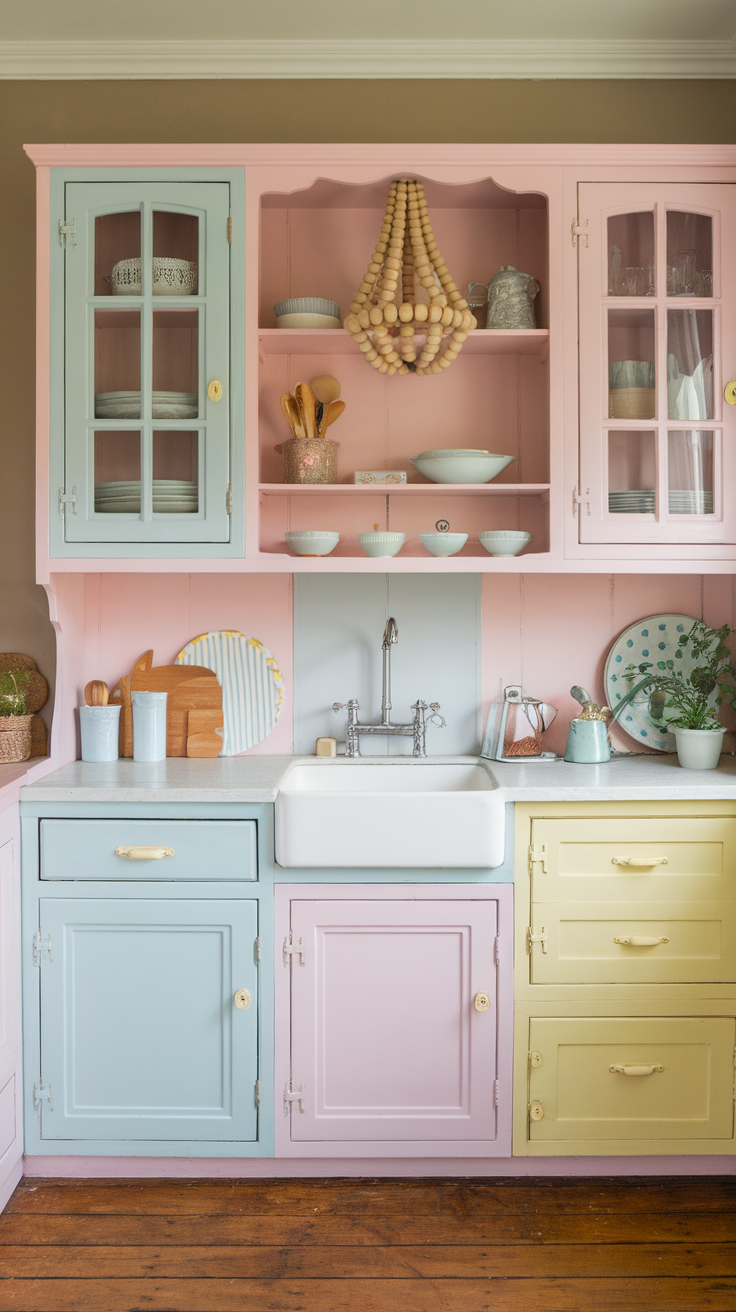 Cottage style kitchen cabinets in pastel colors, featuring a farmhouse sink and decorative items.