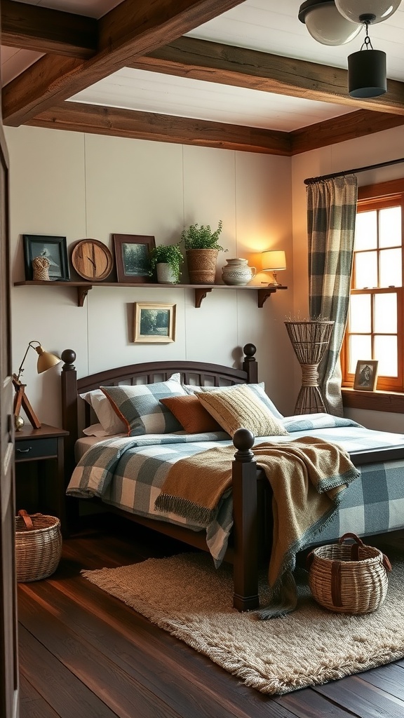 Cozy cottage bedroom with dark wood accents, plaid bedding, and warm lighting.