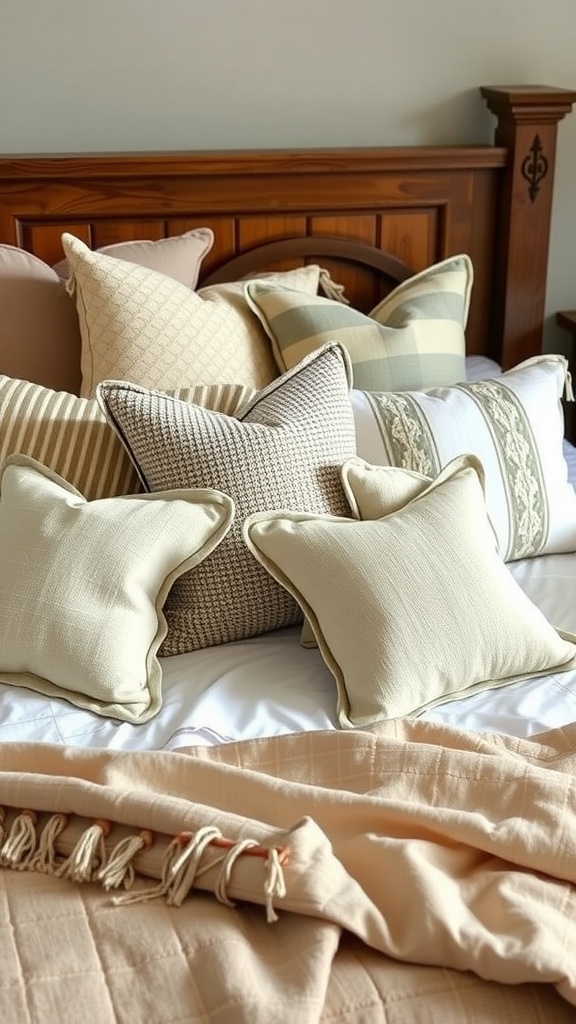 A cozy assortment of country-style accent pillows on a bed featuring various textures and patterns.