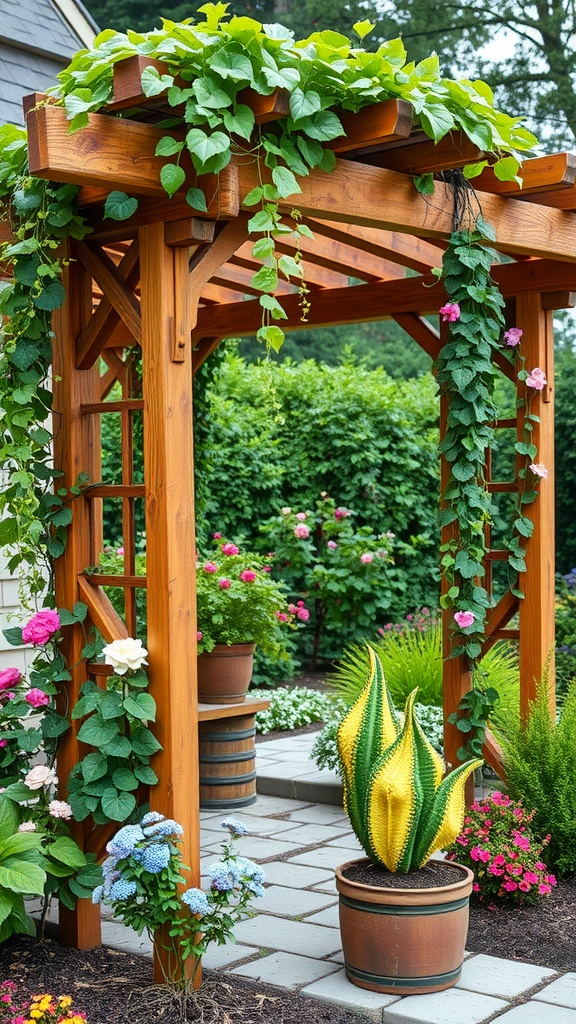 A wooden trellis covered with green vines and surrounded by colorful flowers in a garden.