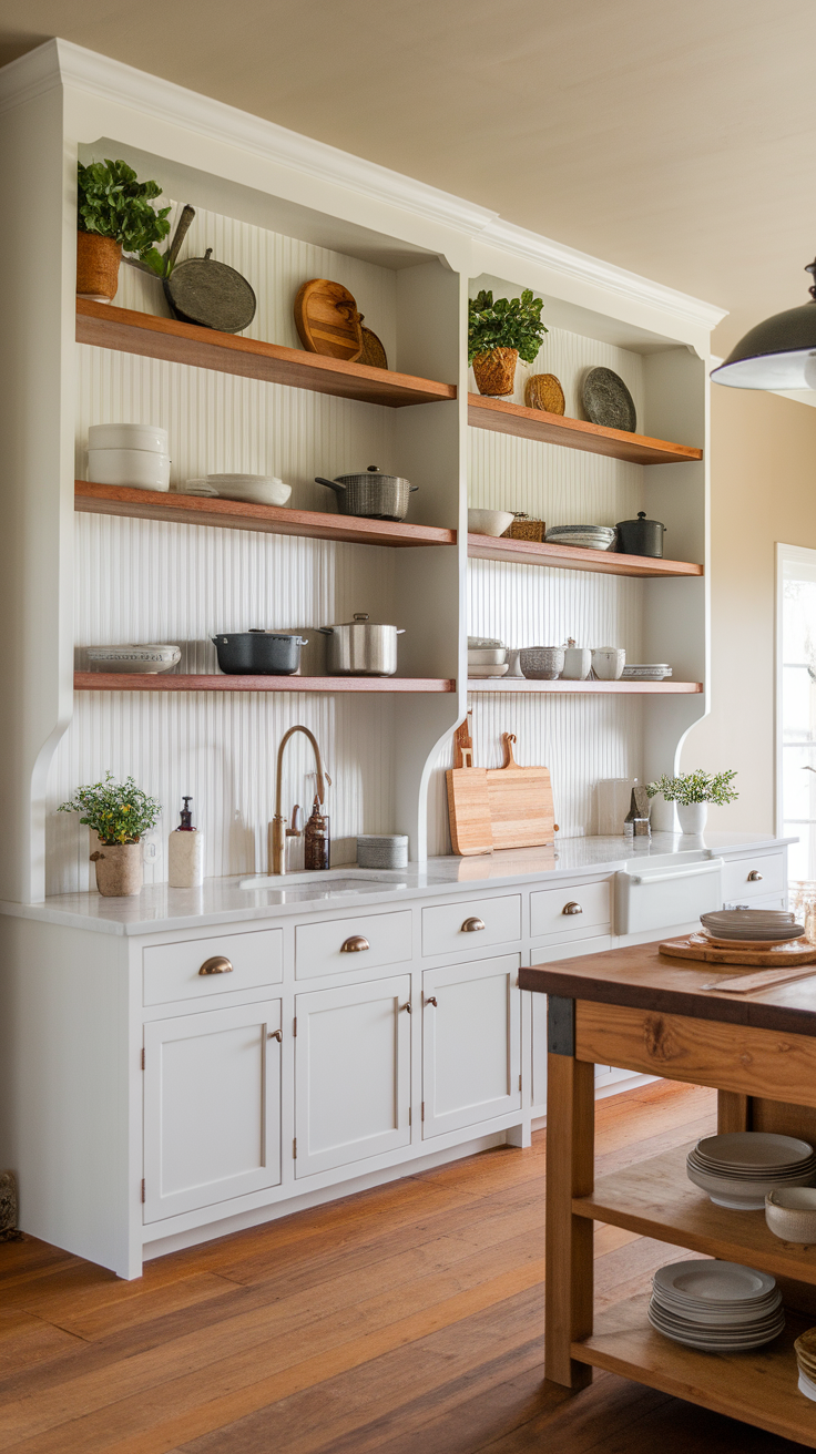 A country-style kitchen featuring upper cabinets with open shelving and natural wooden accents.