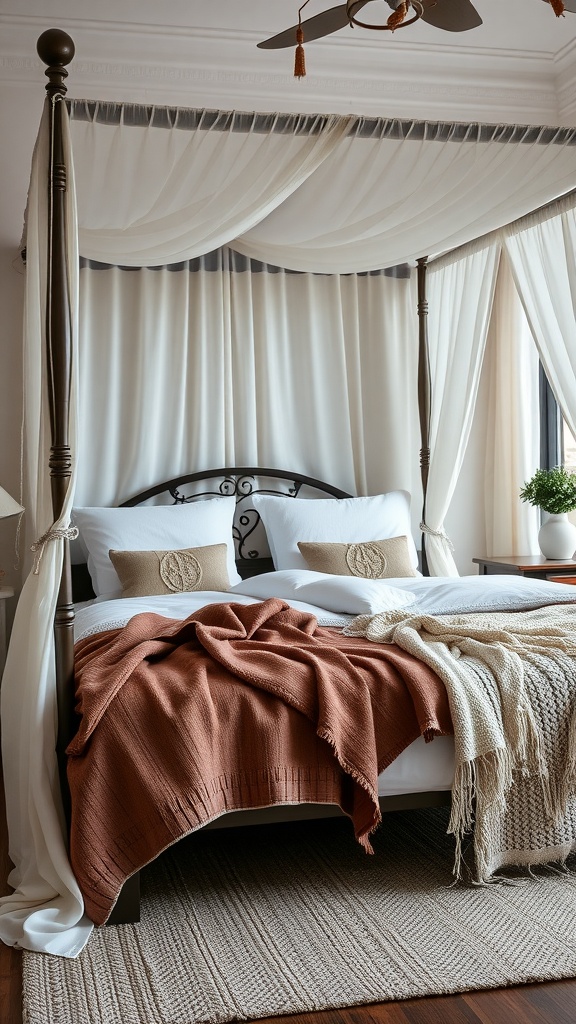 A cozy boho bedroom featuring a canopy bed with layered blankets in earthy tones and a soft rug.