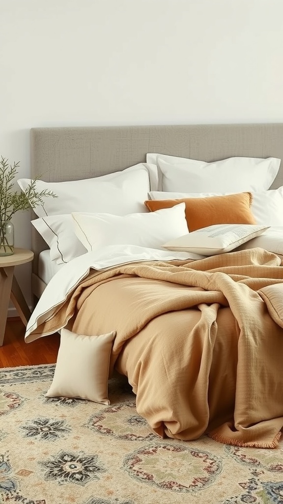 A cozy feminine bedroom with layered bedding in soft tones and textures.