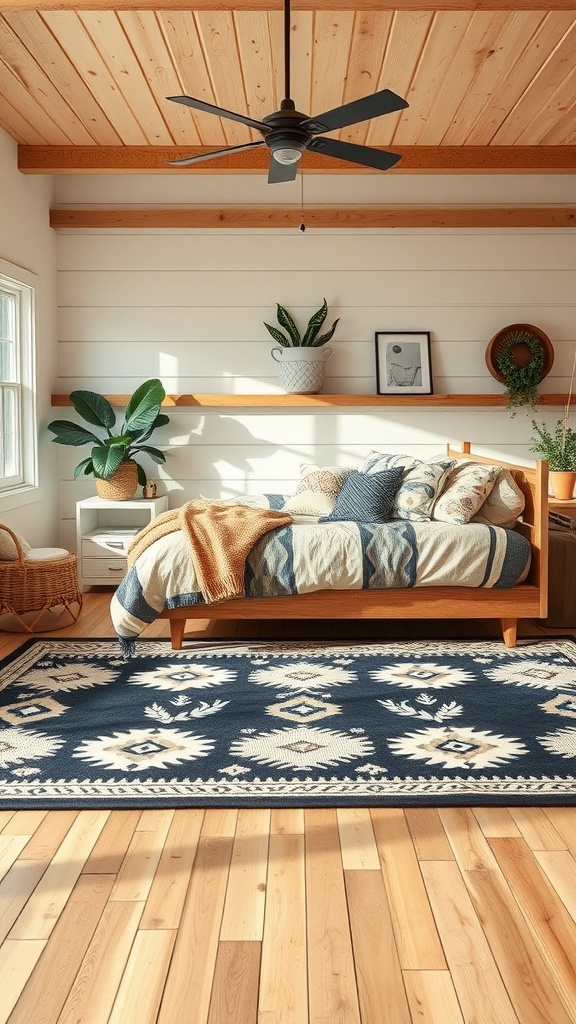 Cozy black and cream rug in a farmhouse bedroom with wooden flooring and plants
