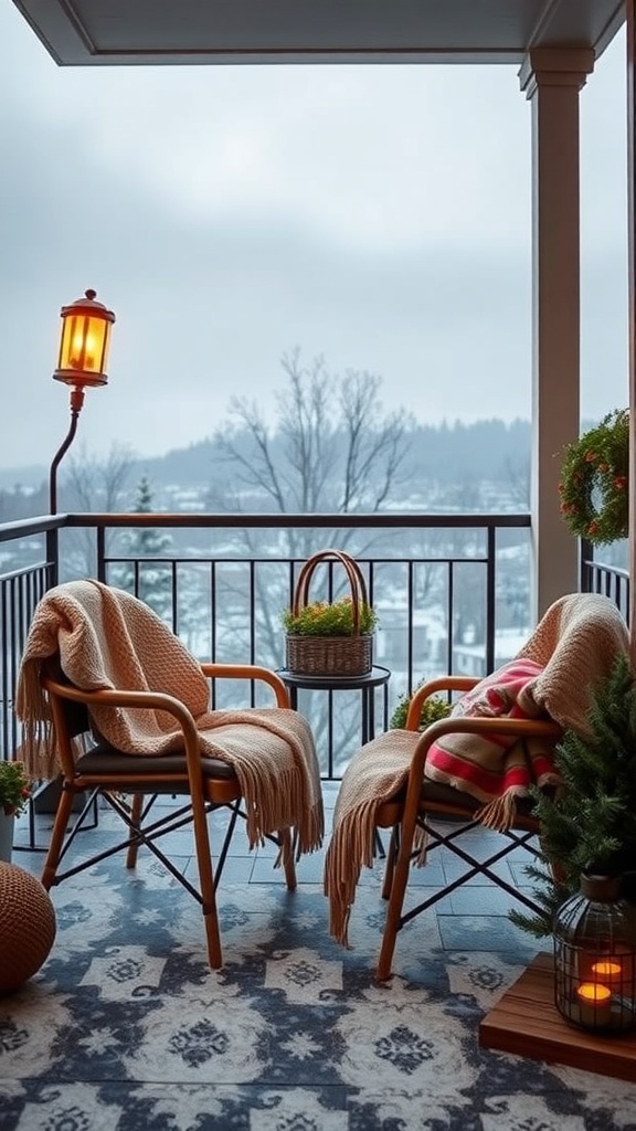 Cozy balcony setup with blankets on chairs, a lantern, and a view.