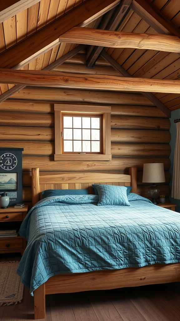 Cozy blue cabin bedroom with wooden beams and blue bedding