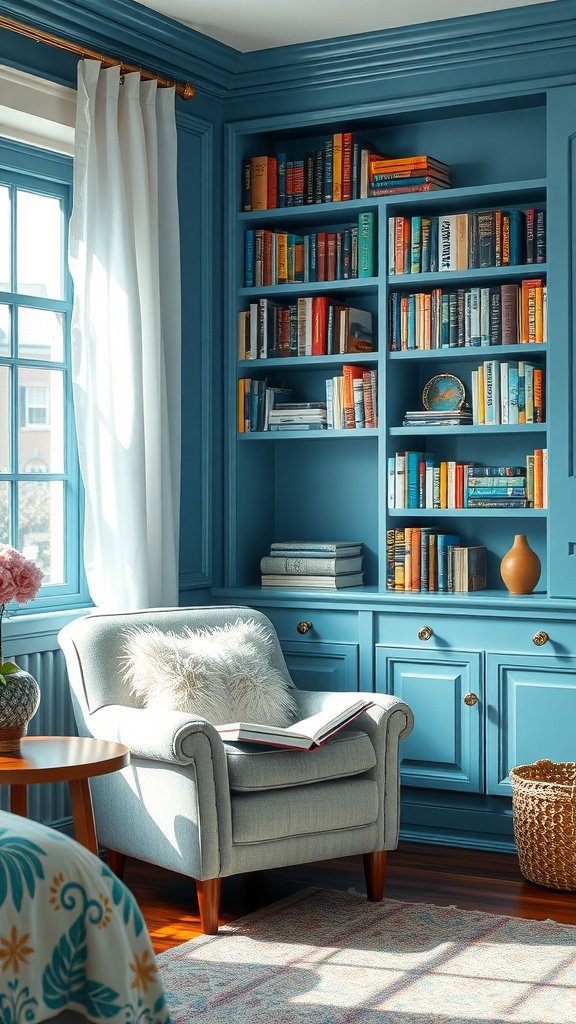 A cozy blue reading nook featuring a light blue armchair, a bookshelf filled with colorful books, and large windows with white curtains.