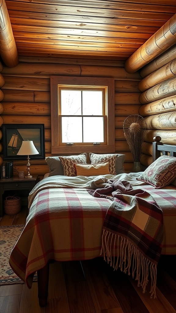 Cozy cabin bedroom with wooden log walls, plaid bedding, and warm lighting