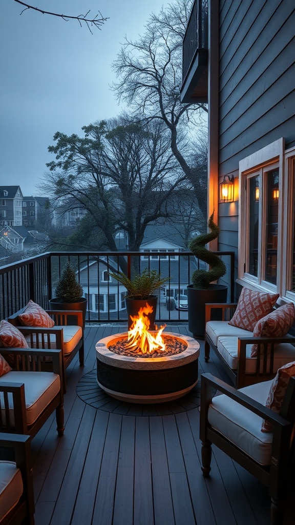 Cozy balcony setup with a fire pit, comfortable seating, and plants.