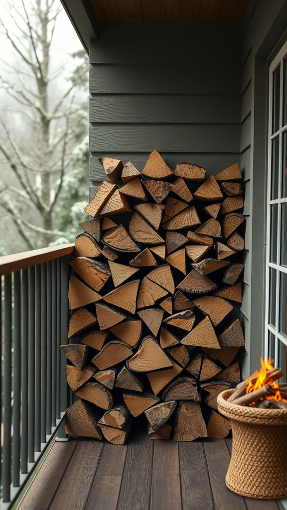 Cozy firewood storage solution on a farmhouse balcony with stacked logs and a small fire pit.