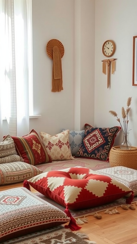 A cozy layout of colorful floor cushions in a bohemian style bedroom