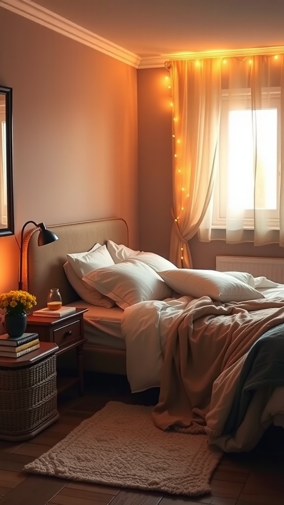 Cozy rustic boho style bedroom with layered lighting.