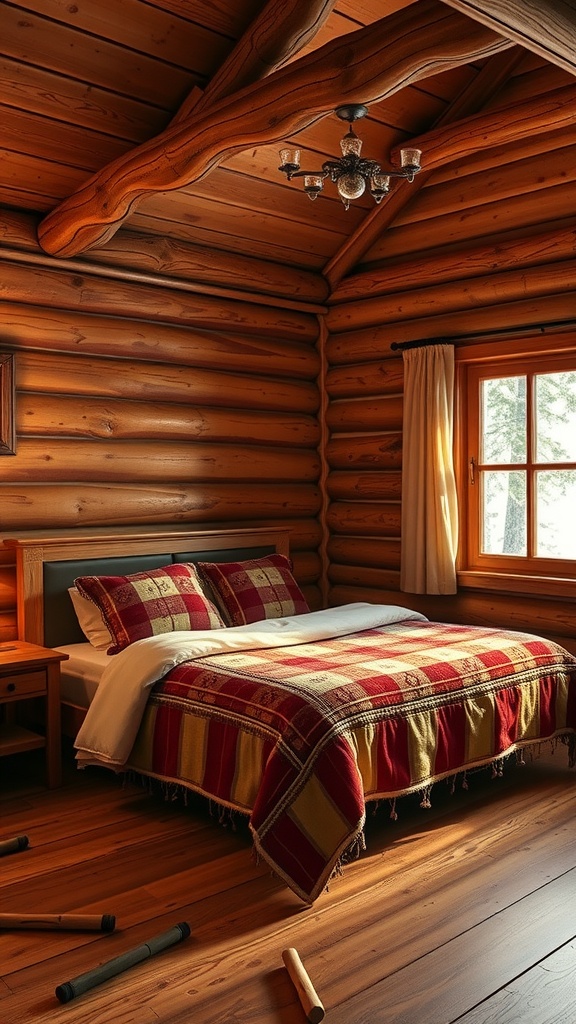 Cozy log wall bedroom with plaid bedding and warm wooden accents.