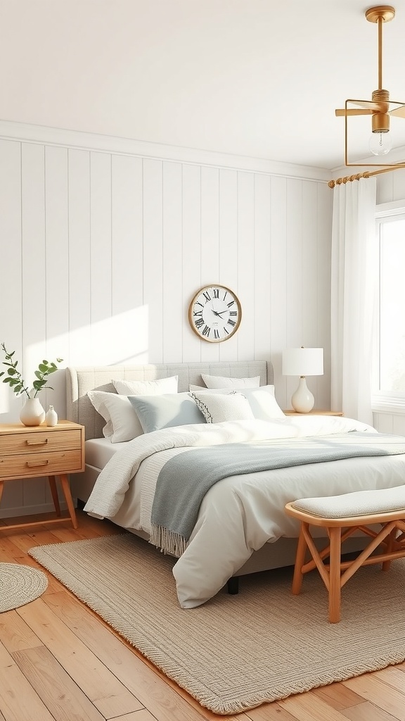 A cozy bedroom with neutral color palette featuring white paneling, soft gray and blue bedding, and natural wood accents.