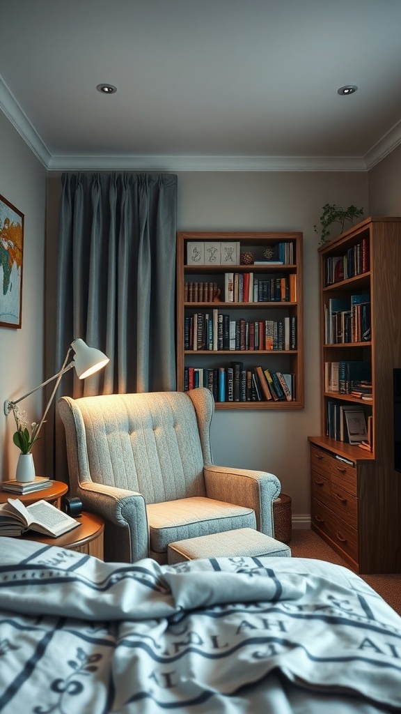 Cozy nook with a seating area in a small farmhouse bedroom, featuring a comfortable armchair, footrest, and bookshelves.