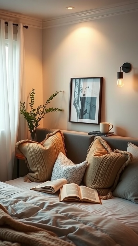 Cozy reading nook with an open book and soft pillows in a rustic boho style bedroom