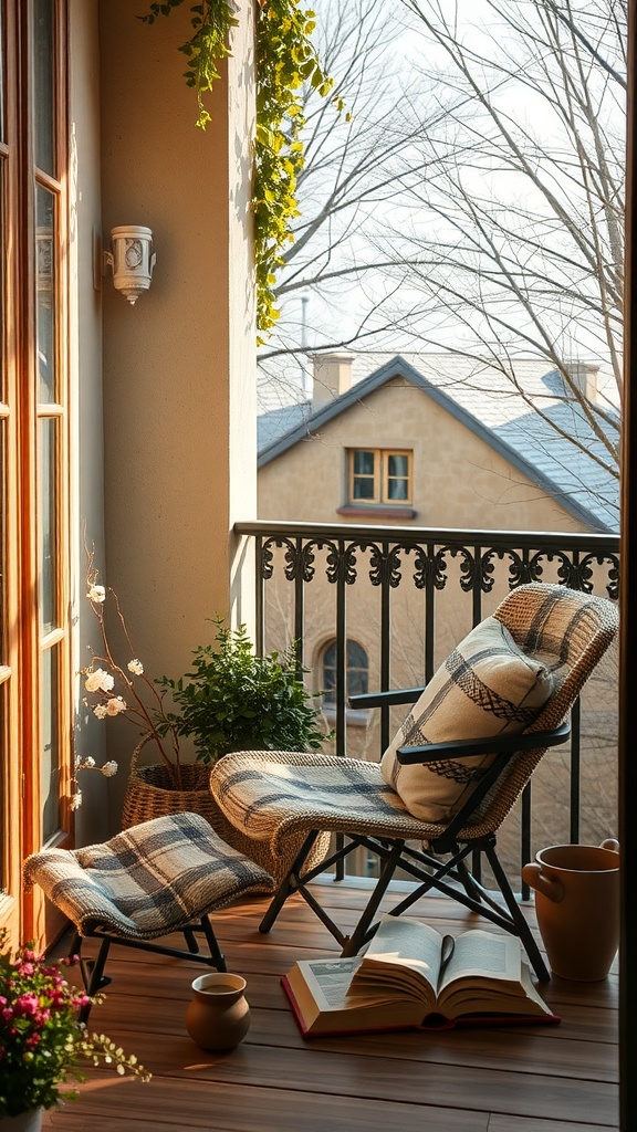 A cozy balcony setup featuring a comfortable chair, plants, and an open book.