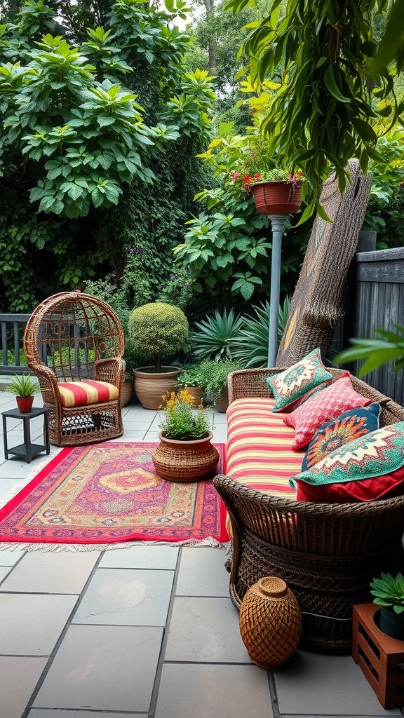 Cozy outdoor seating area with wicker furniture, colorful cushions, and lush greenery.
