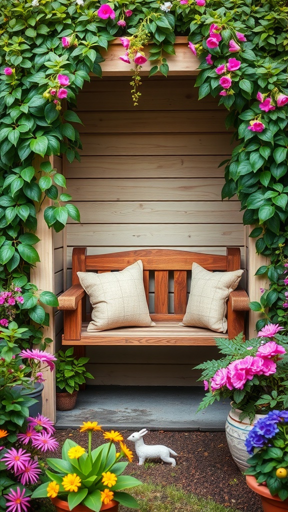 A cozy wooden bench with cushions, surrounded by colorful flowers and green leaves, creating a serene outdoor seating area.