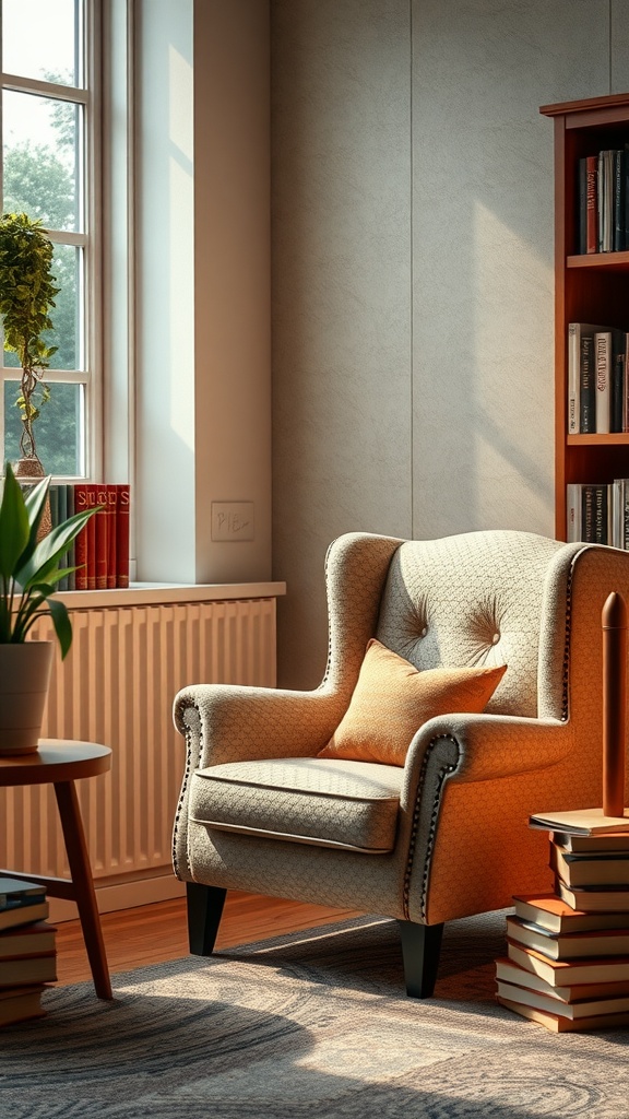 A cozy reading corner featuring a plush chair, side table, and stacked books, illuminated by natural light.