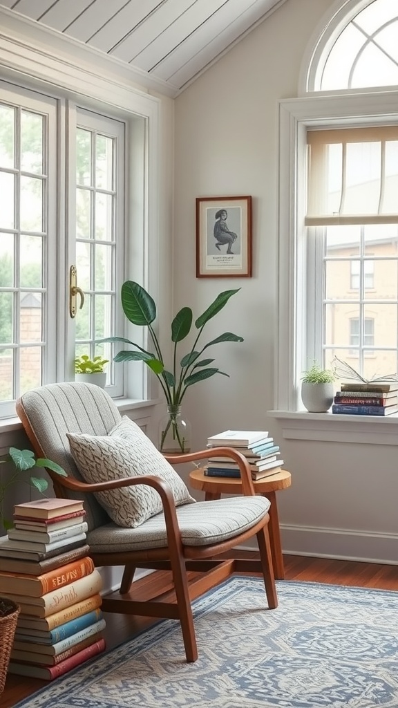 Cozy reading nook with a chair, stacked books, and plants in a sunroom