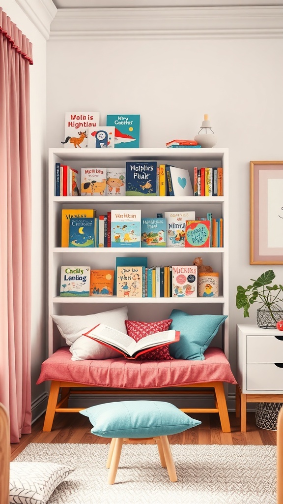 A cozy reading nook featuring a pink bench with colorful cushions, a bookshelf filled with children's books, and a small blue pillow.