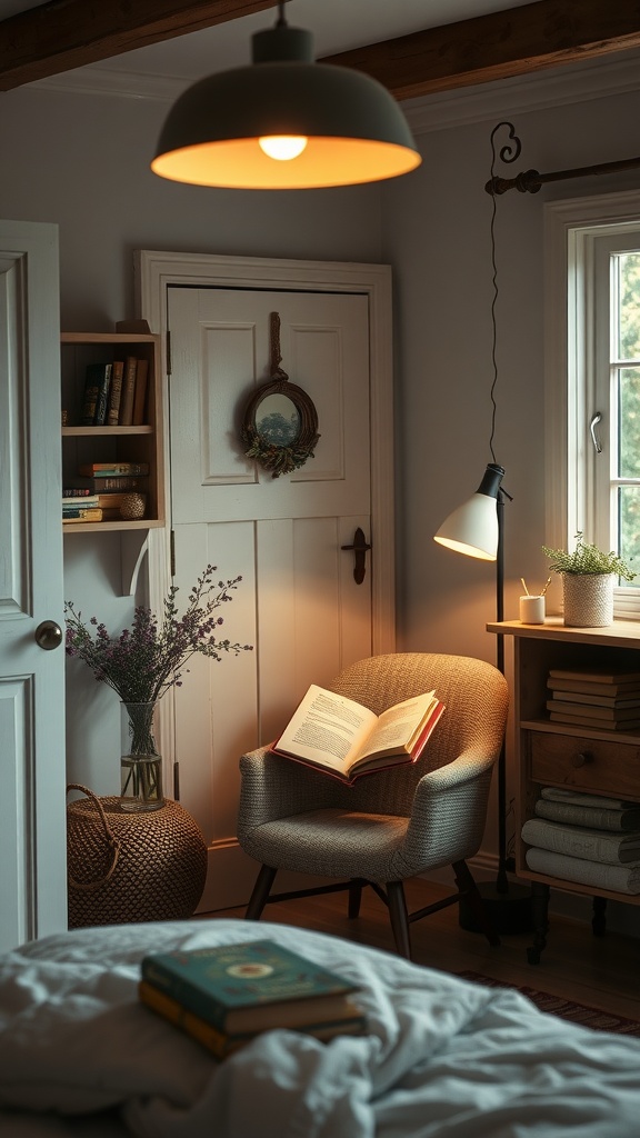 Cozy reading nook with a chair, lamp, and books in a farmhouse chic bedroom