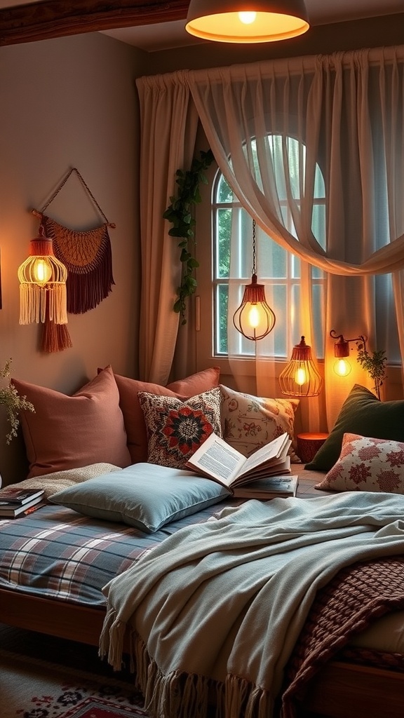 Cozy reading nook with cushions, throws, and warm lighting