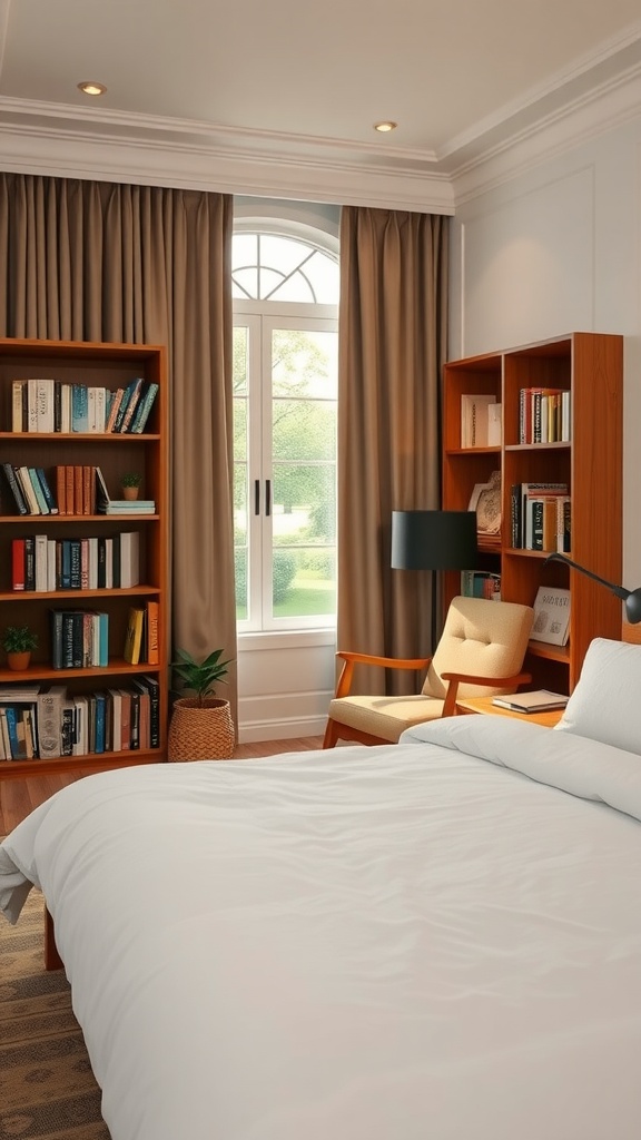 Cozy reading nook in a bedroom with a chair and bookshelf by a window