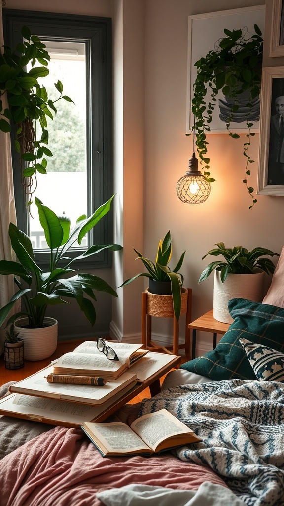 A cozy reading nook with books and plants