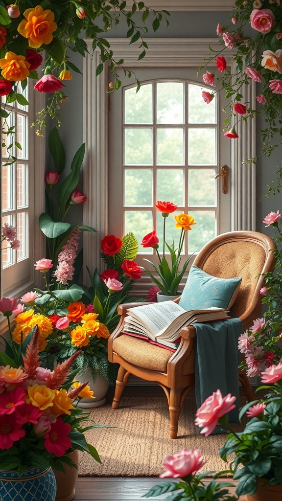 A cozy reading nook filled with colorful flowers and a comfortable chair, perfect for reading.