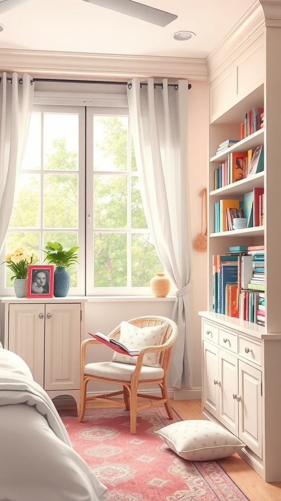A cozy reading nook in a girl's bedroom with a chair, cushions, and a bookshelf filled with books