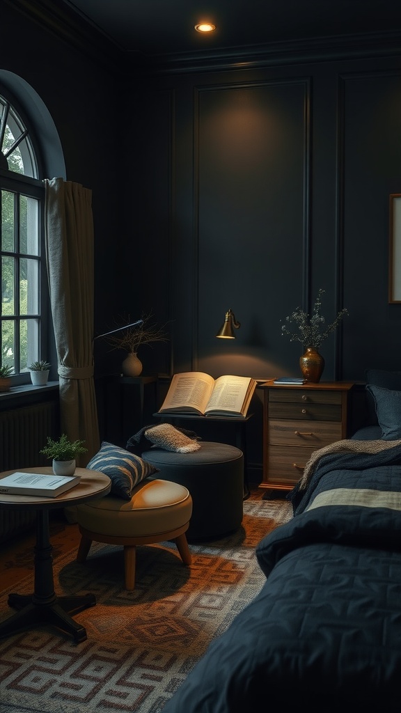 A cozy reading nook in a dark and moody bedroom with a plush chair, a small table, and warm ambient lighting.