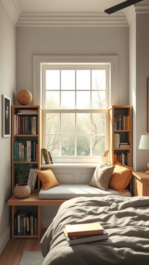 Cozy reading nook featuring a window seat, bookshelves, and warm decor